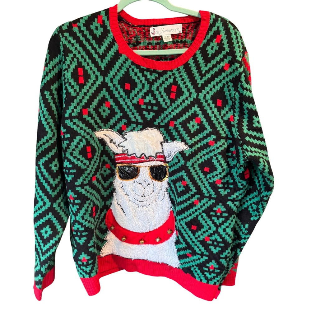 Jolly Sweaters XL Ugly Christmas‎ Sweater Llama with Sunglasses Novelty Bells